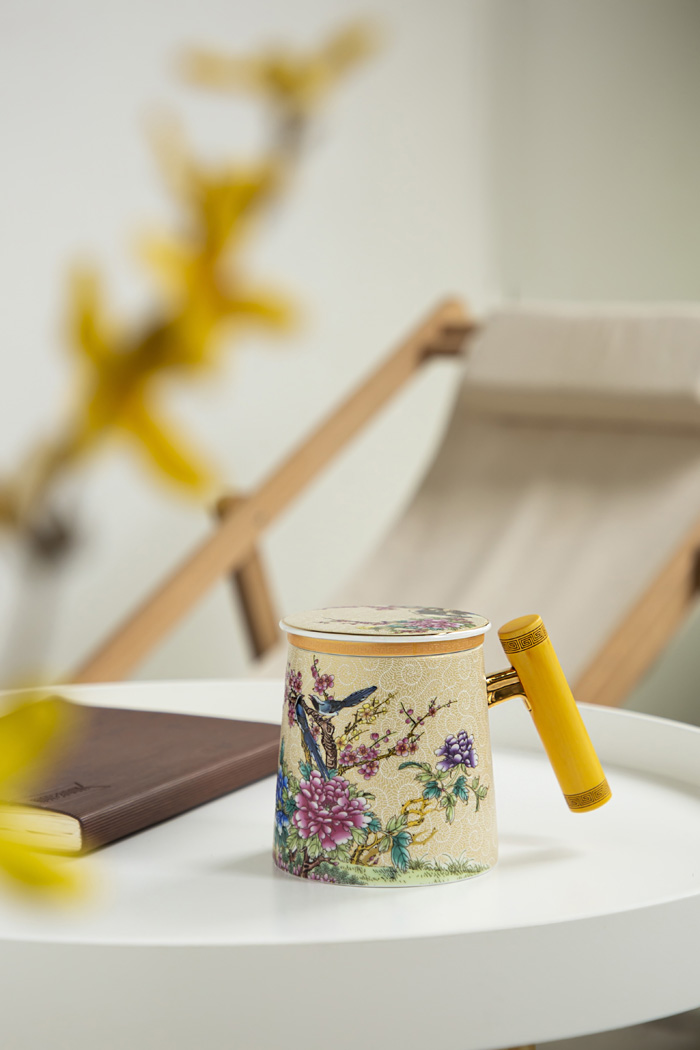 掐丝牡丹木柄马克杯